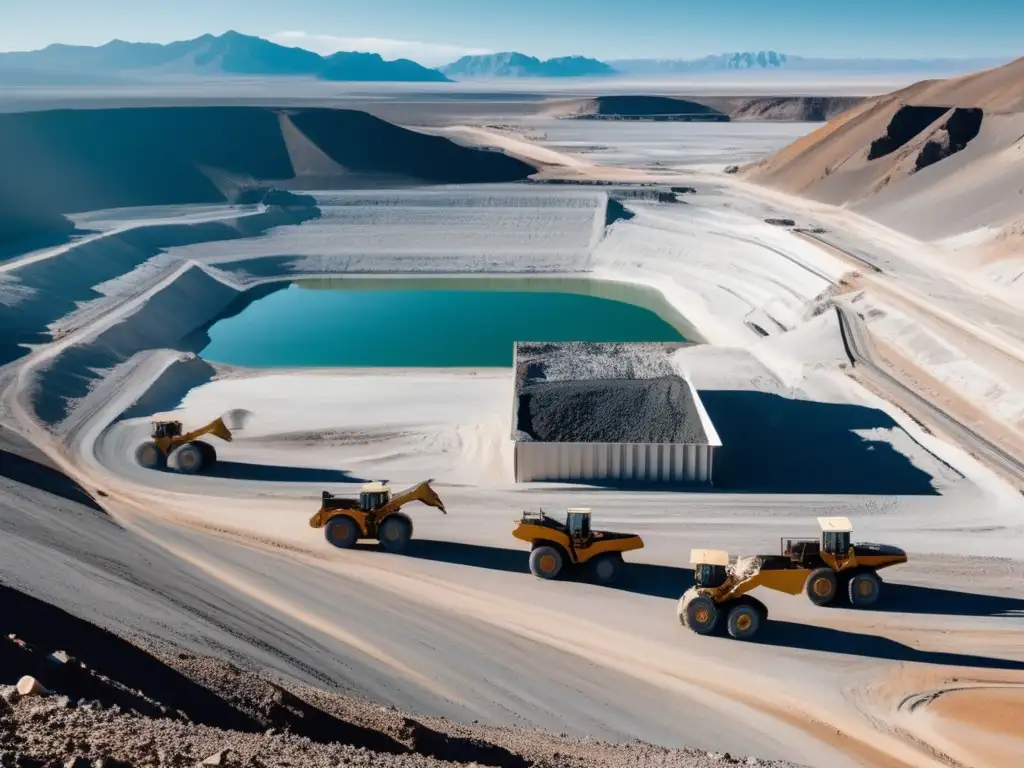 Minerales tecnología verde demanda: Mina de litio con trabajadores, maquinaria pesada y paisaje montañoso, resaltando el impacto ambiental