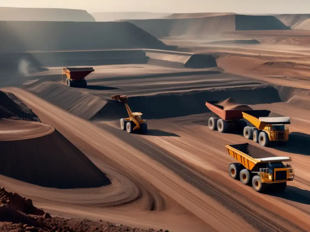 Impacto ambiental de la minería: Open-pit mine, machinery, polluted river, hazy horizon