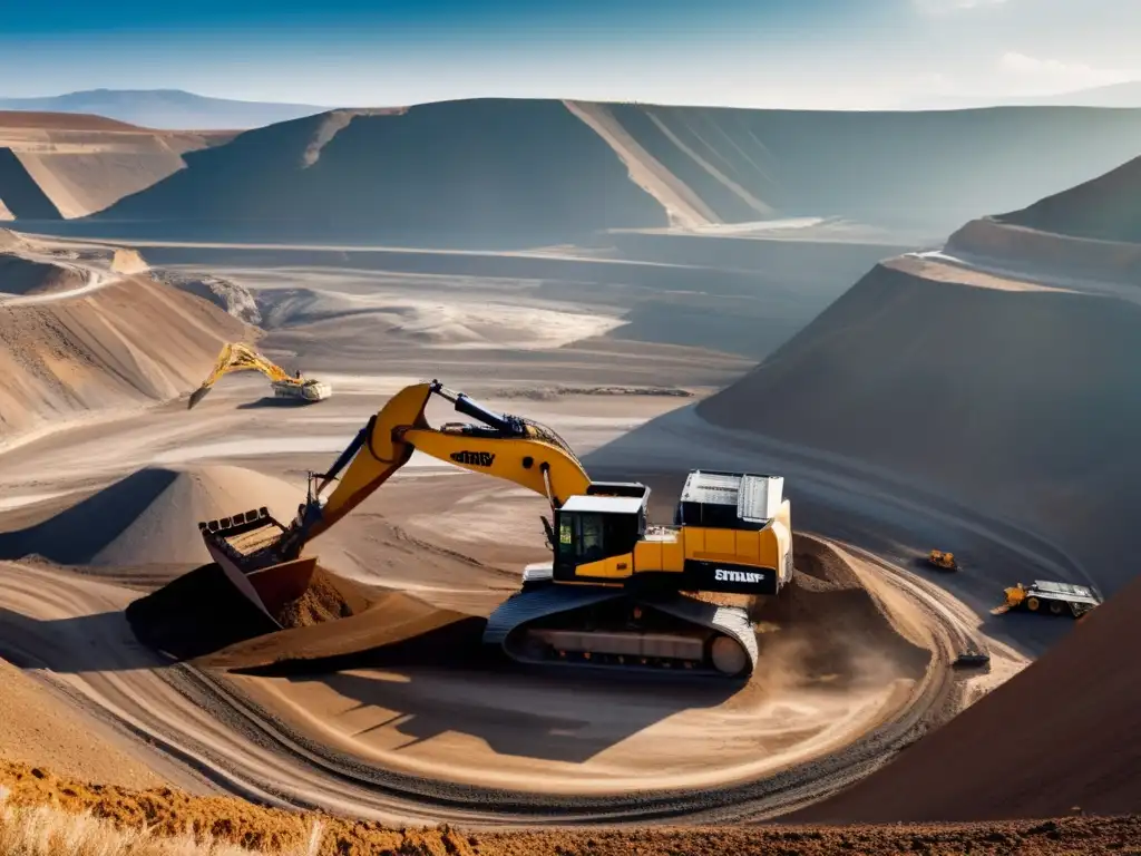 Tendencias sostenibles en minería: Excavadora minera avanzada extrae minerales en paisaje montañoso