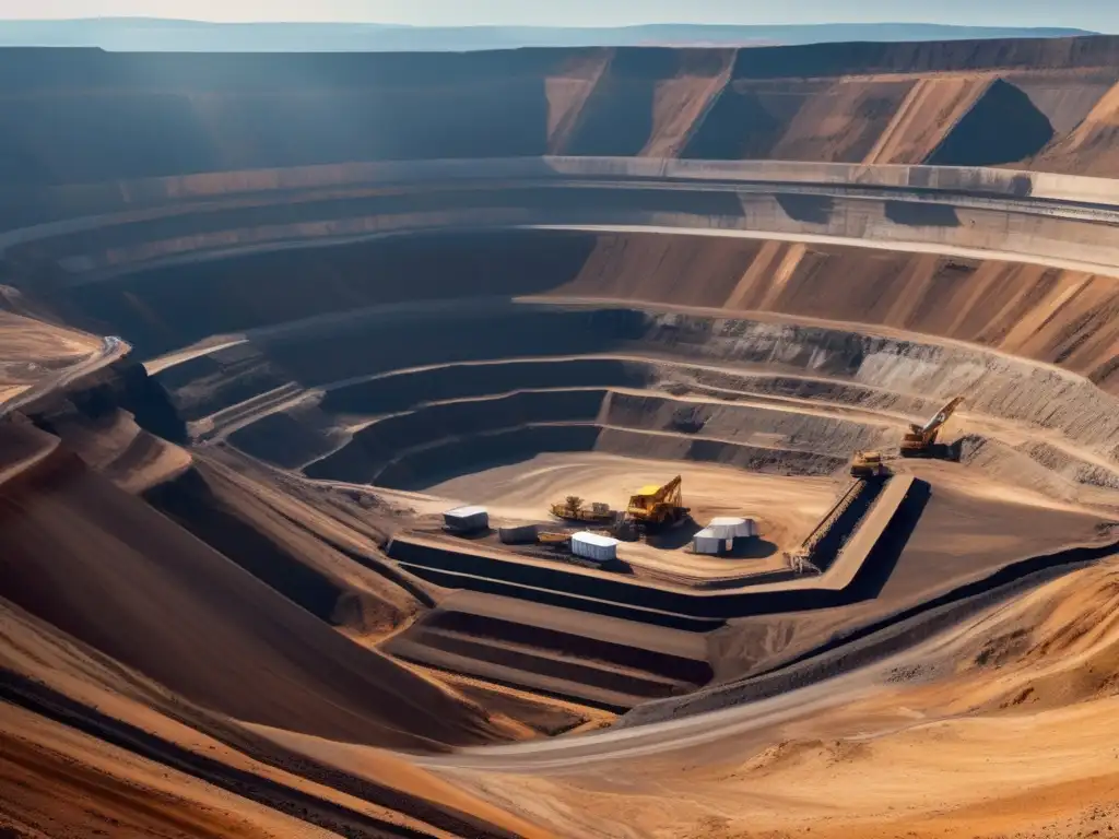 Técnicas sostenibles en minería: Mina a gran escala con maquinaria, paisaje montañoso y actividad humana