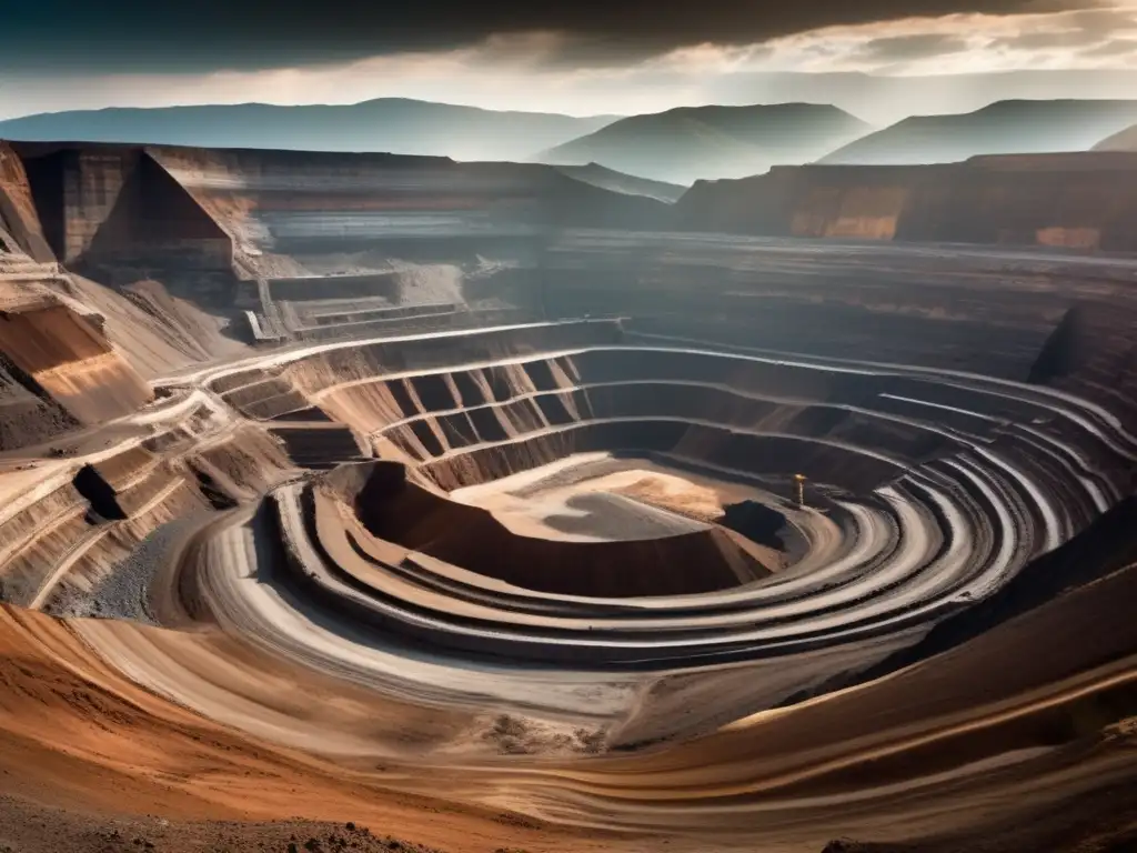 Panorama mina abierta: camiones mineros, paisaje montañoso, tonos tierra, sostenibilidad minera, carrera en minería sostenible