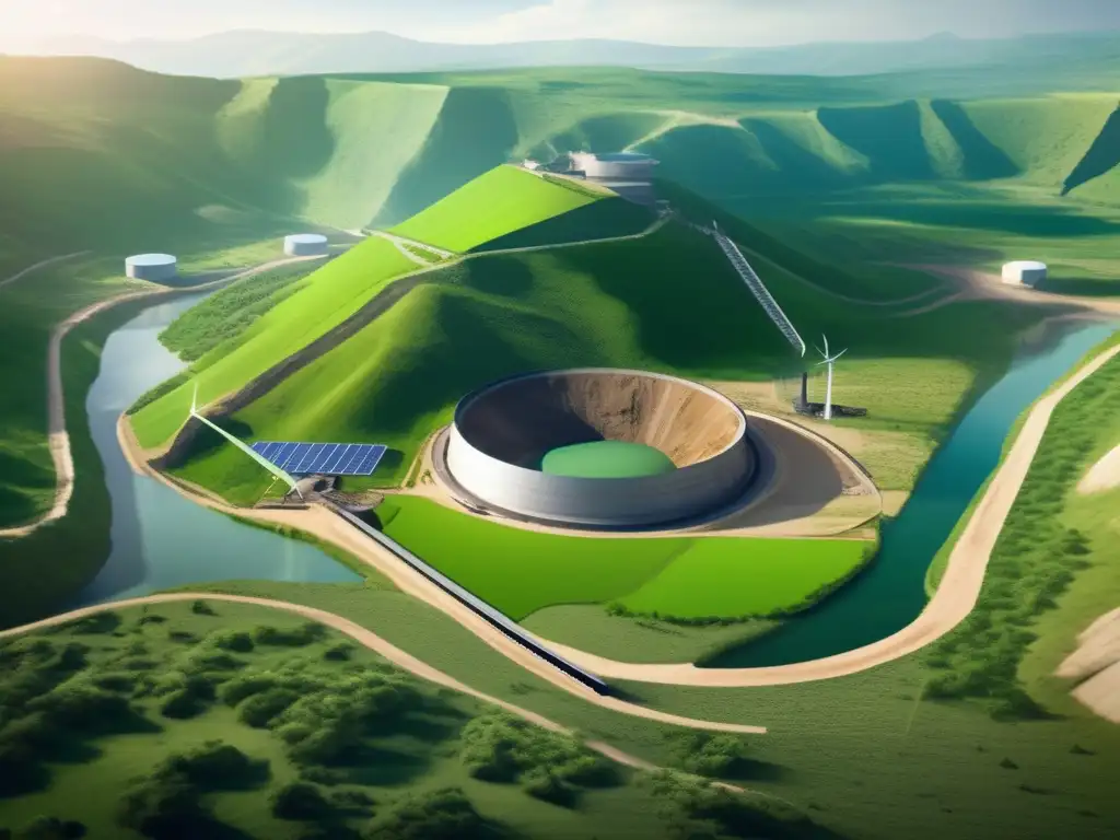Mina sostenible y energías renovables Beneficios de la minería sostenible en una imagen de mina a cielo abierto integrada con energías renovables y naturaleza
