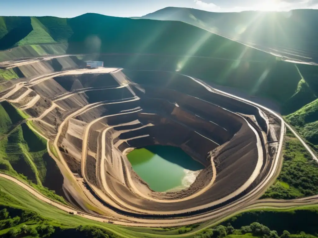 Tratados internacionales minería sostenible, vista aérea impresionante de mina rodeada de montañas verdes