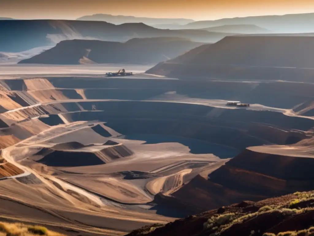 Tecnología para minería sostenible en paisaje montañoso con mina a cielo abierto, maquinaria avanzada y armonía natural