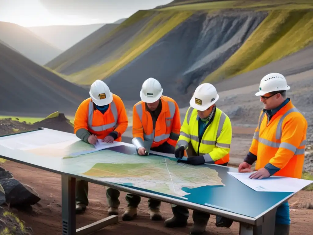 Técnicas sostenibles de minería en paisaje natural con geólogos y tecnología avanzada