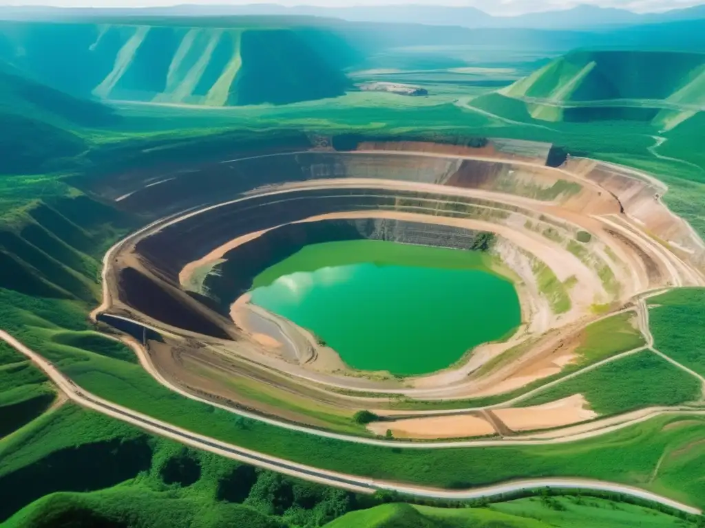 Oportunidades de reciclaje en minería sostenible: vista aérea impresionante de una mina a cielo abierto rodeada de paisajes verdes