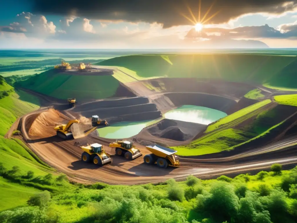 Equilibrio inversión minería sostenible en impresionante imagen mina a cielo abierto rodeada de exuberante paisaje verde