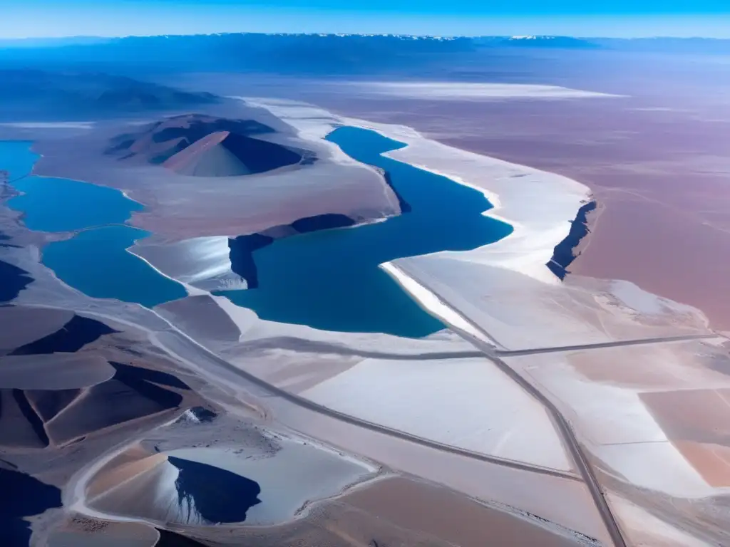 Impacto ambiental de la minería de litio en Argentina: vasto paisaje minero con montañas, valles y camiones en carreteras polvorientas