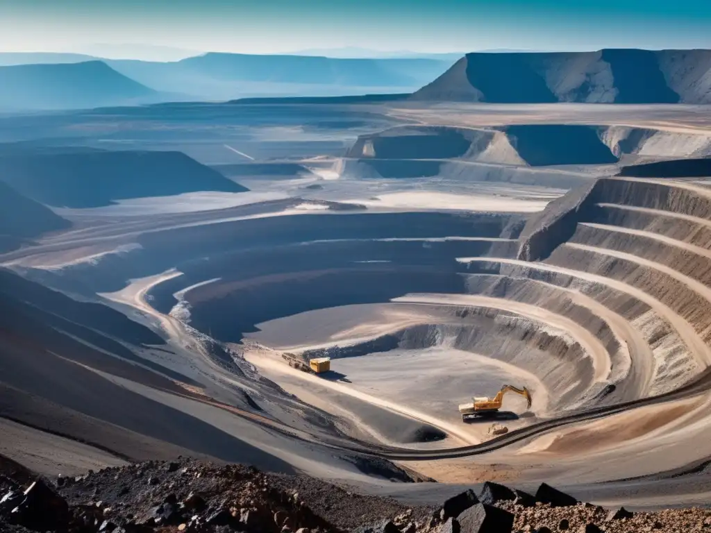 Tecnología sostenible en detección de minerales en paisaje remoto y montañoso con mina a cielo abierto y maquinaria pesada