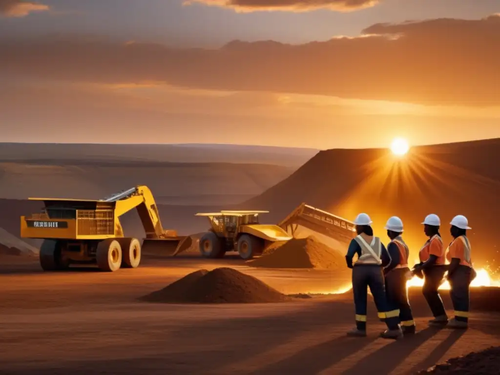 Impacto minería salud femenina: panorama minero al atardecer con mujeres trabajadoras y maquinaria