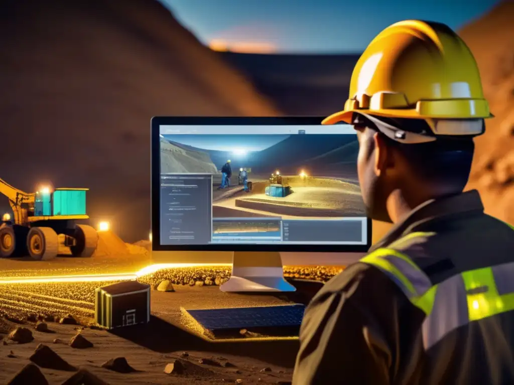 Minero con equipo de mapeo 3D Técnicas de mapeo 3D en minería: Minero escaneando con equipo avanzado, láser y lámparas de seguridad en mina-