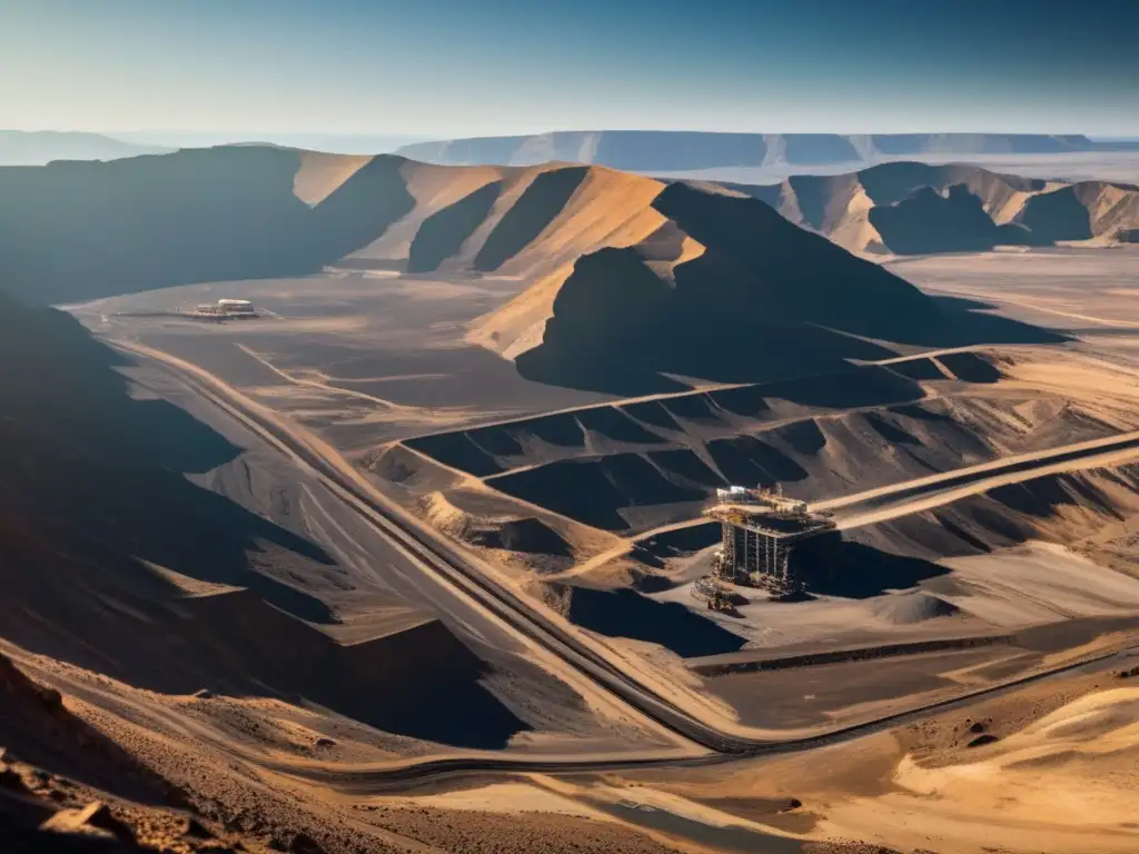 Tecnología minera sostenible: Imagen de mina a cielo abierto con maquinaria avanzada y riqueza mineral en las rocas