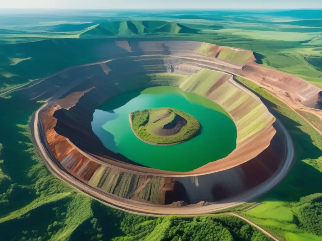 Impacto ambiental de la minería: Vista aérea detallada de una gran mina a cielo abierto rodeada de bosques verdes y colinas