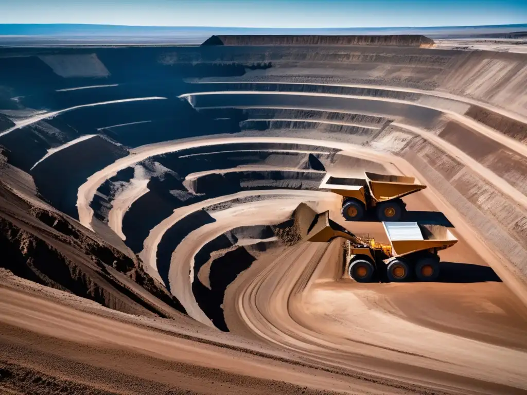 Impacto ambiental de la minería: enorme mina a cielo abierto, maquinaria masiva, tierra expuesta, movimiento constante