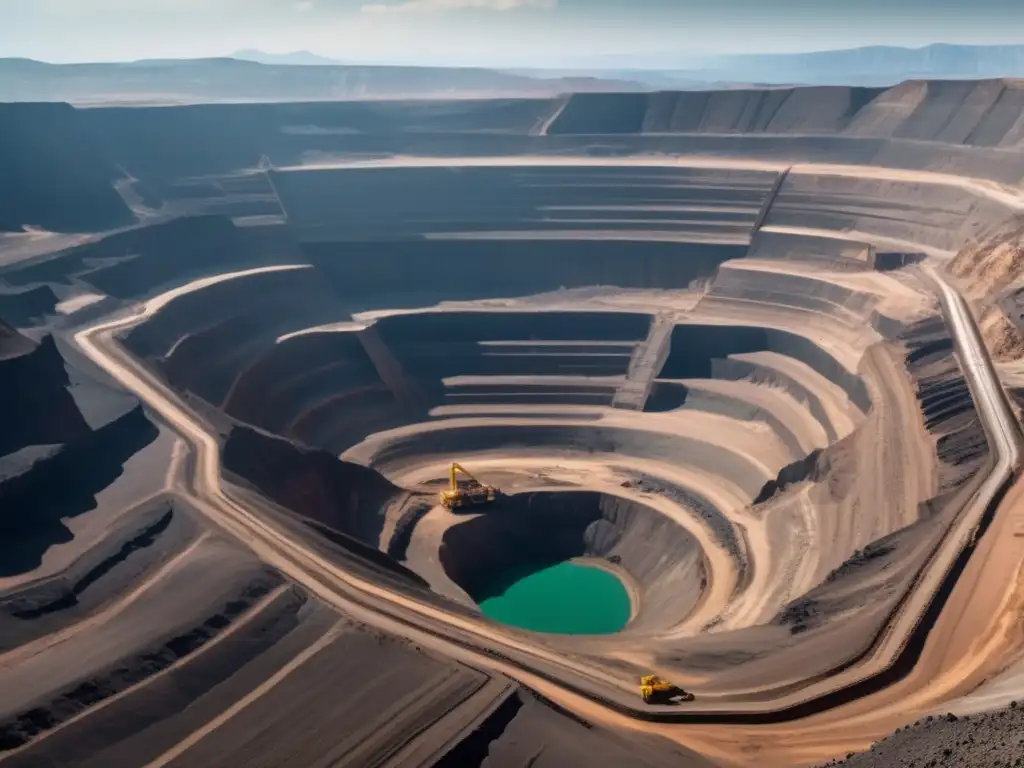 Impacto de la minería en el cambio climático: Mina a cielo abierto rodeada de montañas, maquinaria pesada y contaminación