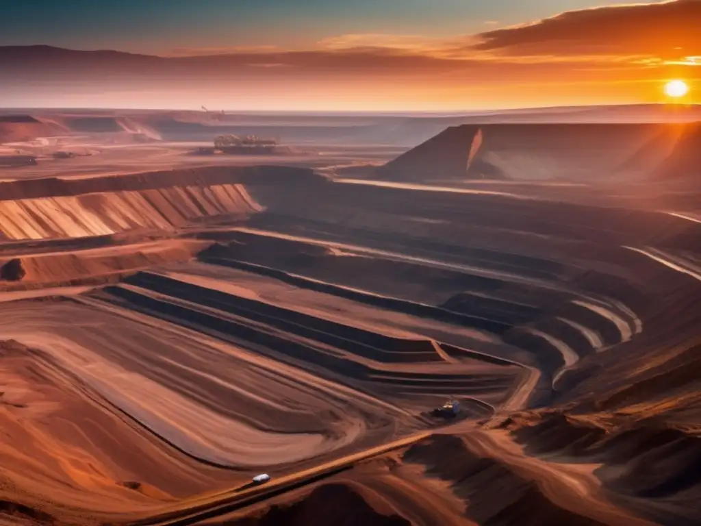 Tecnología sostenible en minería a cielo abierto: paisaje minero 8k al atardecer con maquinaria, trabajadores y formaciones geológicas