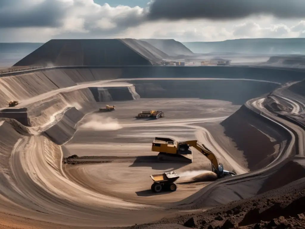 Impacto ambiental de la minería industrial: Mina abierta con excavadora gigante y nubes de polvo, destrucción y trabajo intenso