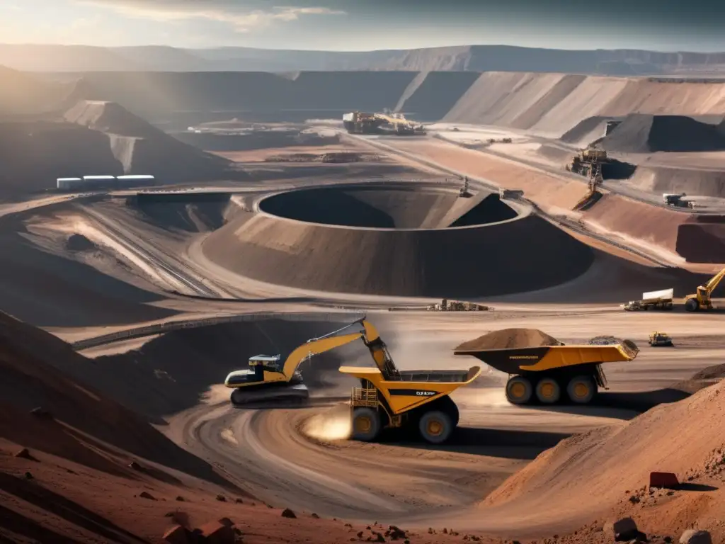 Historia de la minería en América: gran mina a cielo abierto, actividad intensa, impacto ambiental, maquinaria gigante, paisaje árido