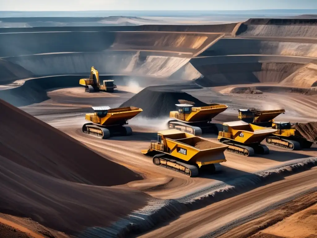 Impacto de la minería sostenible en América: mina a cielo abierto con maquinaria en acción, paisaje natural contrastante, tonos terrosos