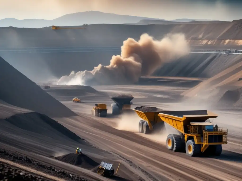 Impacto de la minería en la salud ósea: Mina a cielo abierto rodeada de montañas rocosas, maquinaria pesada y trabajadores en un paisaje árido y destruido