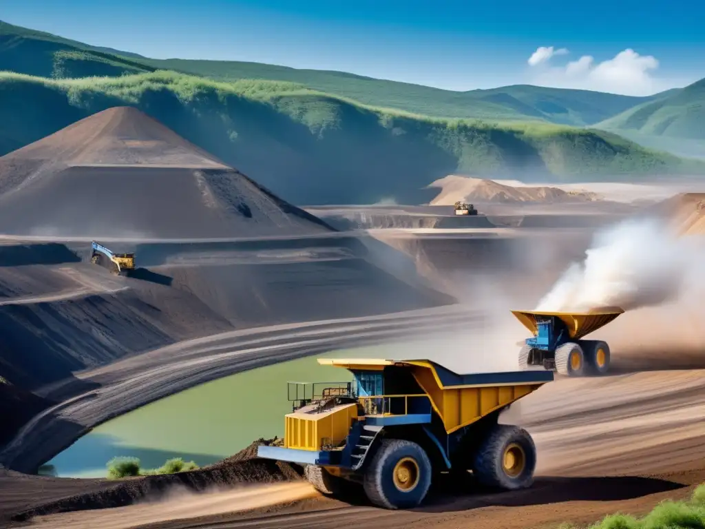 Impacto ambiental de la minería: mina a cielo abierto, maquinaria pesada y montañas verdes