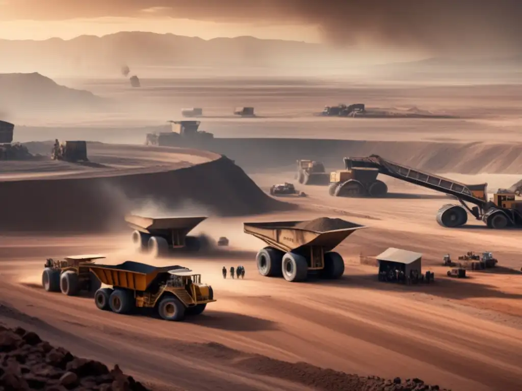 Imagen de mina a cielo abierto con maquinaria y camiones en operación, rodeada de tierras baldías