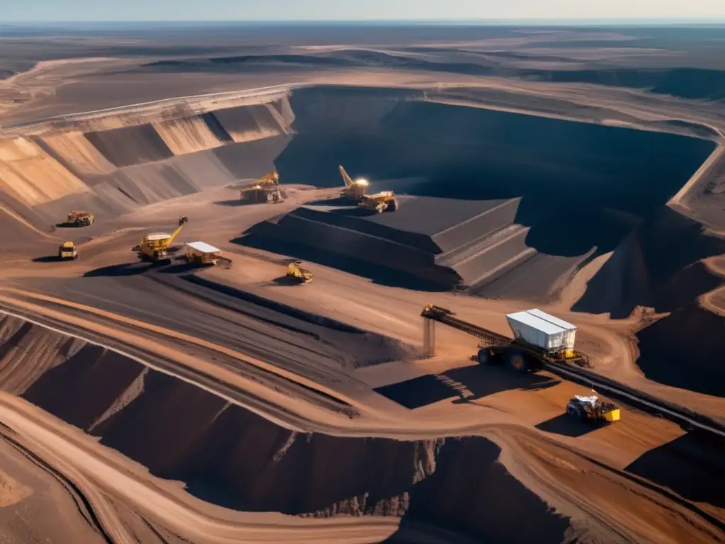 Mina a cielo abierto con drones Innovaciones en prospección minera sostenible: Mina a cielo abierto remota con maquinaria pesada y drones