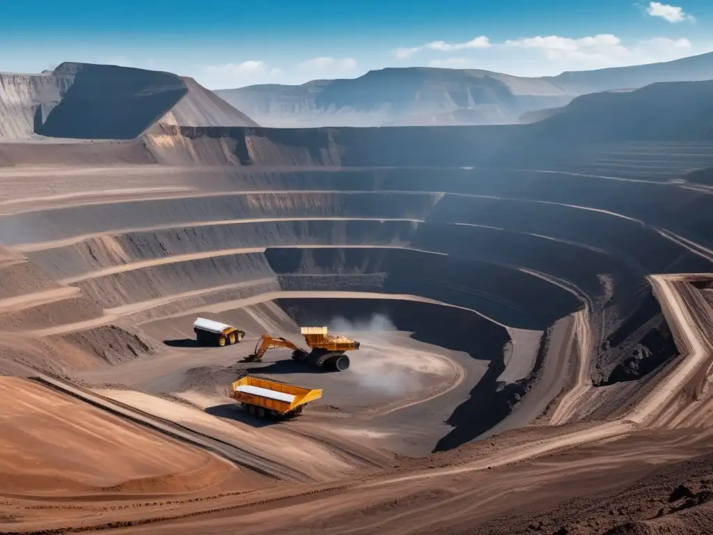 Minería sostenible en América: Imagen impactante de una mina a cielo abierto rodeada de majestuosas montañas y cielo azul