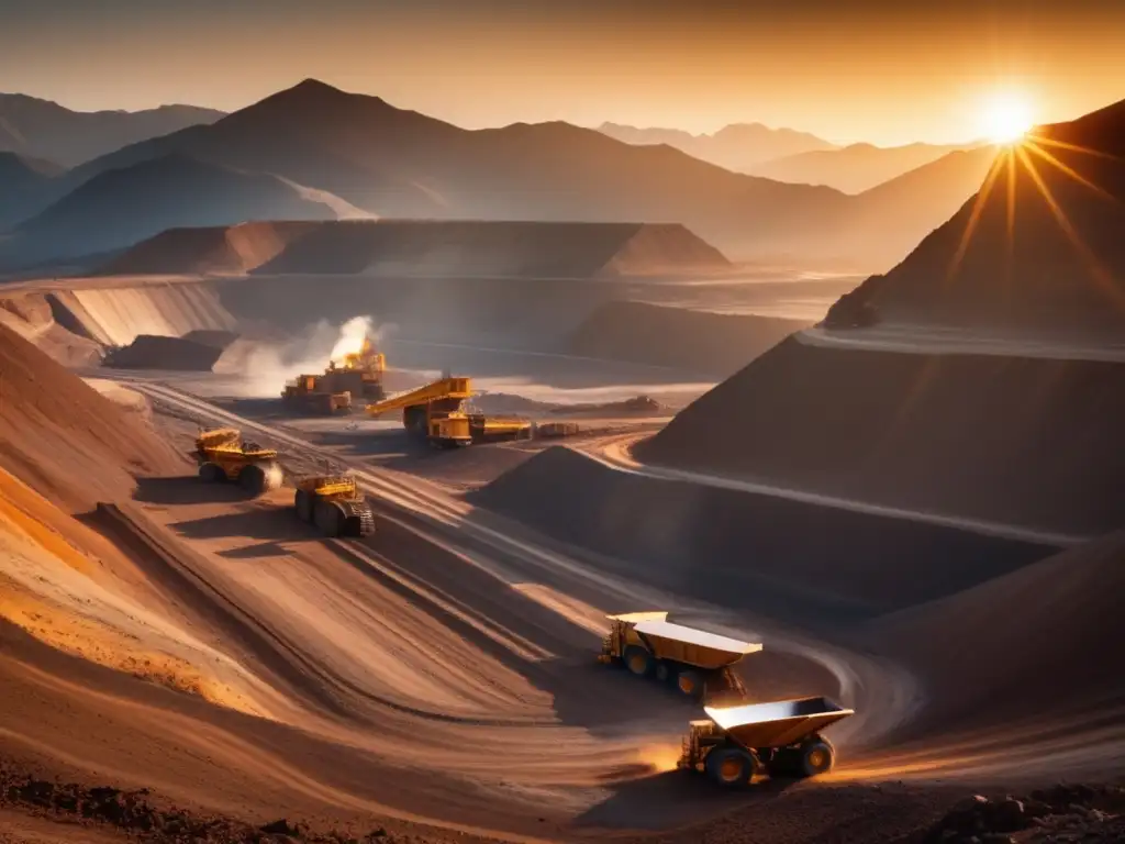 Riesgos ocultos minería gran escala: majestuosa mina a cielo abierto en montañas con impacto ambiental