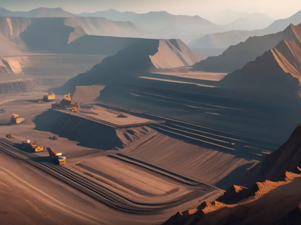 Impacto ambiental de la minería de minerales raros: Mina a cielo abierto rodeada de montañas con maquinaria y camiones transportando minerales