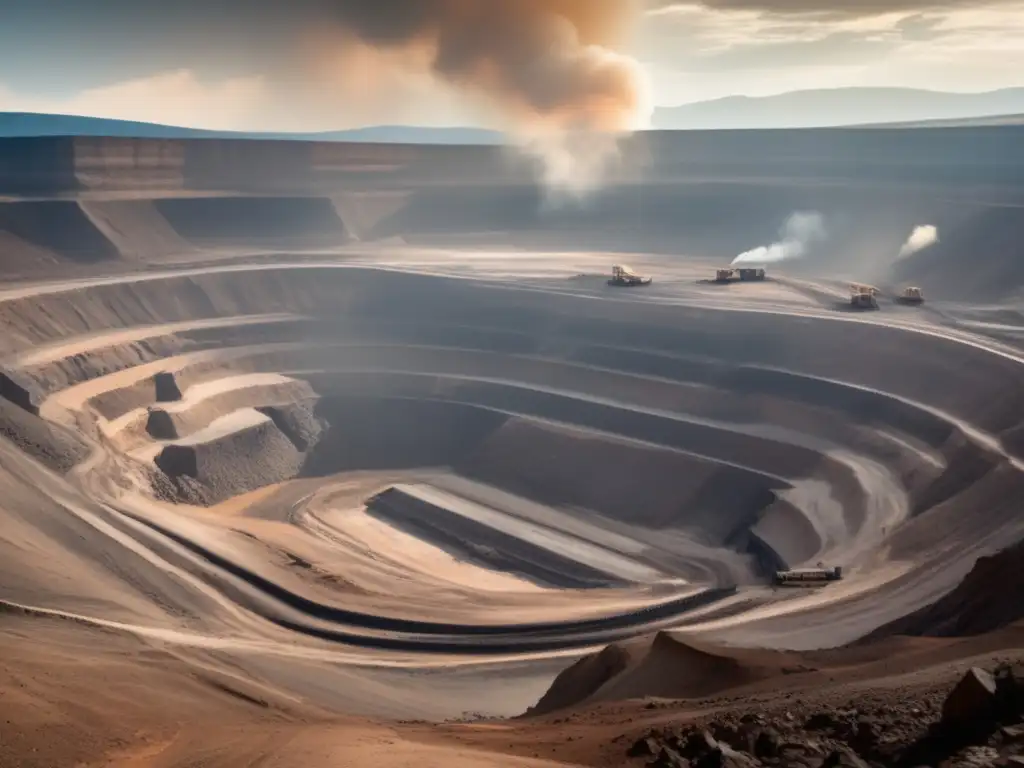 Paisaje montañoso con mina a cielo abierto, maquinaria pesada y contaminación acústica en minería a gran escala