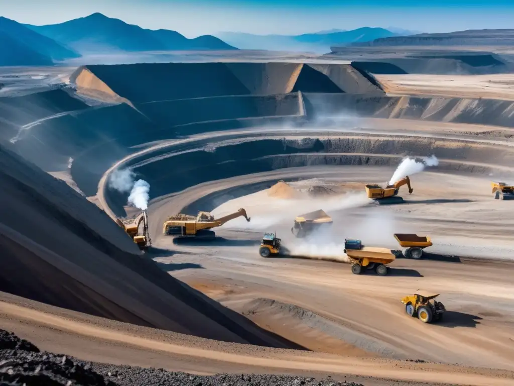 Amenaza minerales conflicto sostenibilidad global: Vasta mina rodeada de montañas, maquinaria pesada, protestas y rostros preocupados de indígenas