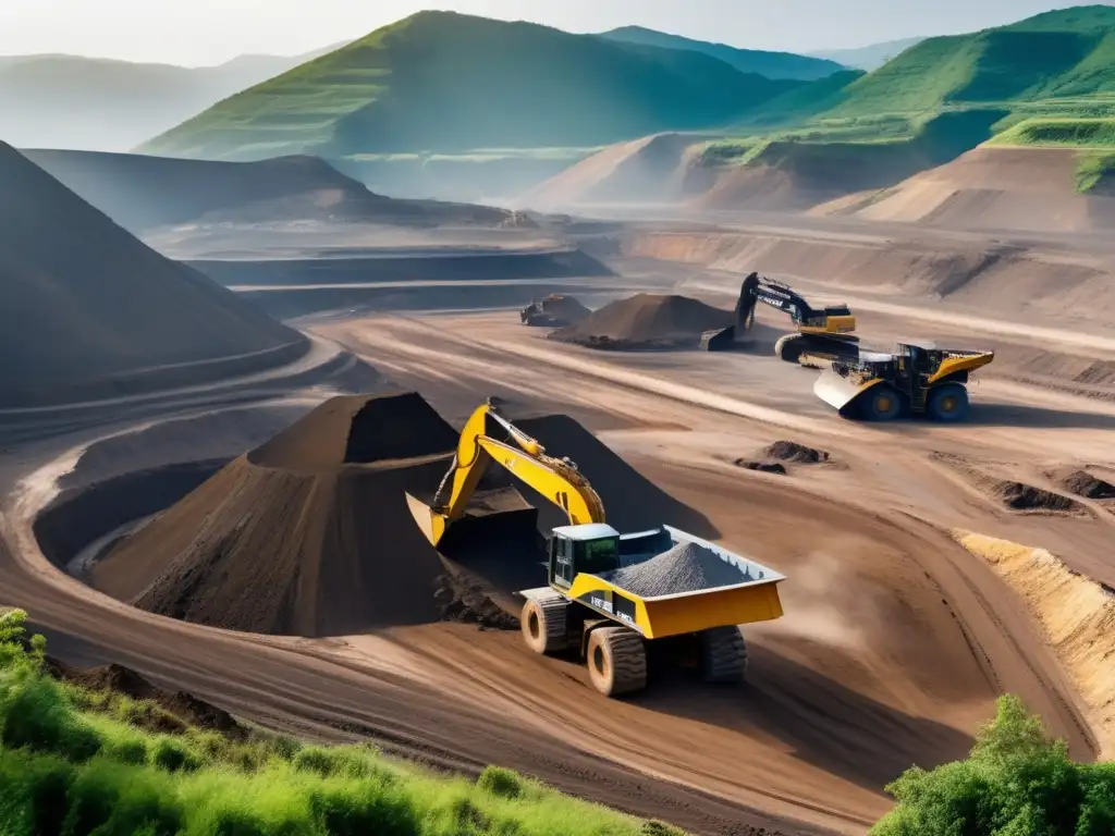 Impacto minería sostenible en clima: mina, montañas, camiones, excavadoras, aire polvoriento, contraste paisaje