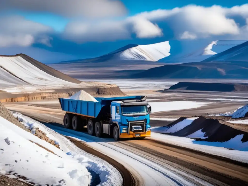 Conferencias innovadoras en minería sostenible: Mina a cielo abierto rodeada de montañas nevadas, camión de minería y paisaje impresionante