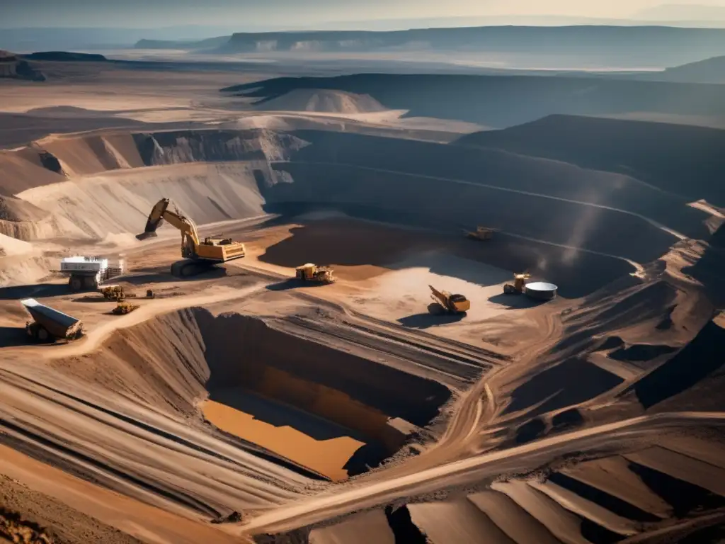 Gestión financiera sostenible en minería: Mina remota, maquinaria pesada, paisaje y seguridad