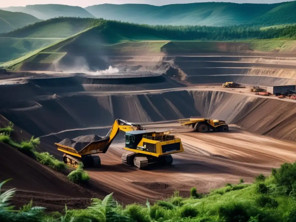 Impacto ambiental minería a gran escala: imagen impresionante de mina a cielo abierto rodeada de montañas y bosques verdes