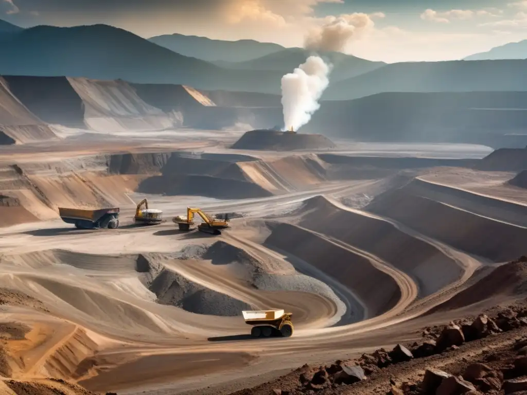 Impacto ambiental de la minería a gran escala: escena de una mina a cielo abierto con camiones y excavadoras en una región montañosa remota