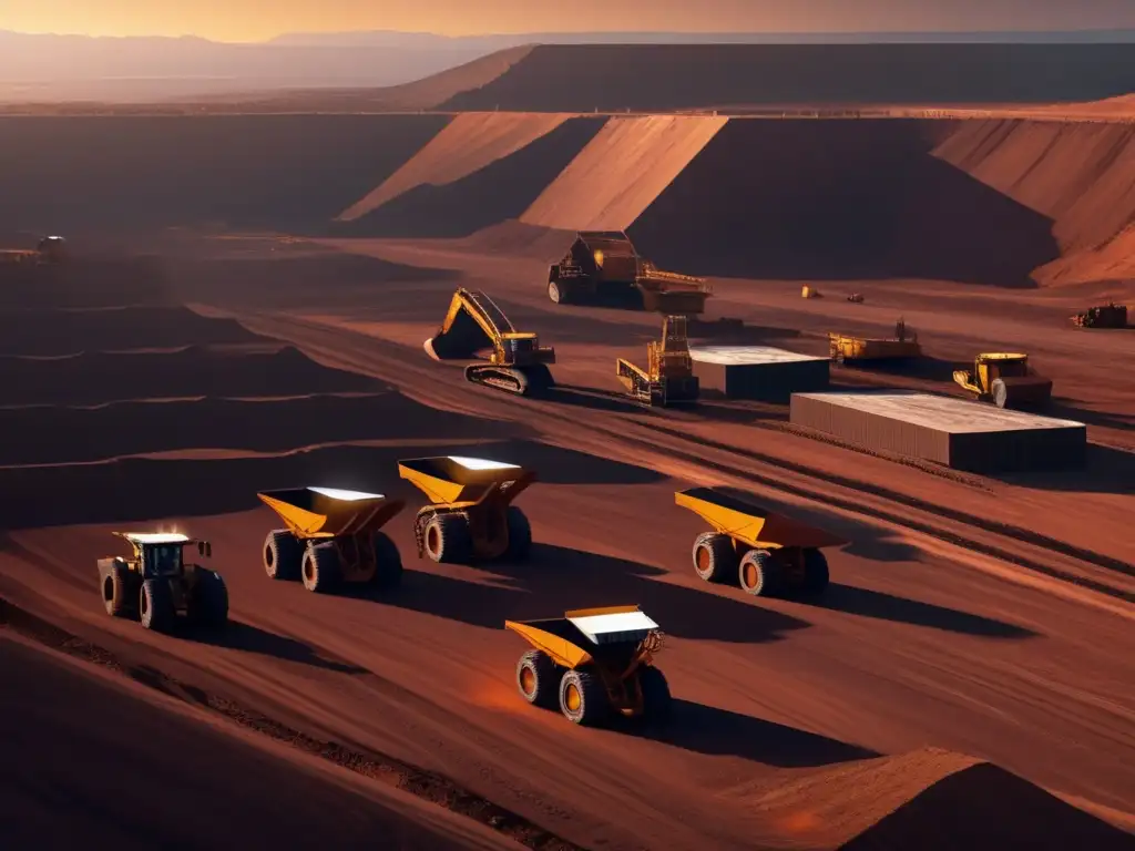 Técnicas sostenibles en minería industrial: Máquinas gigantes y tecnología avanzada trabajan en una mina a cielo abierto al atardecer