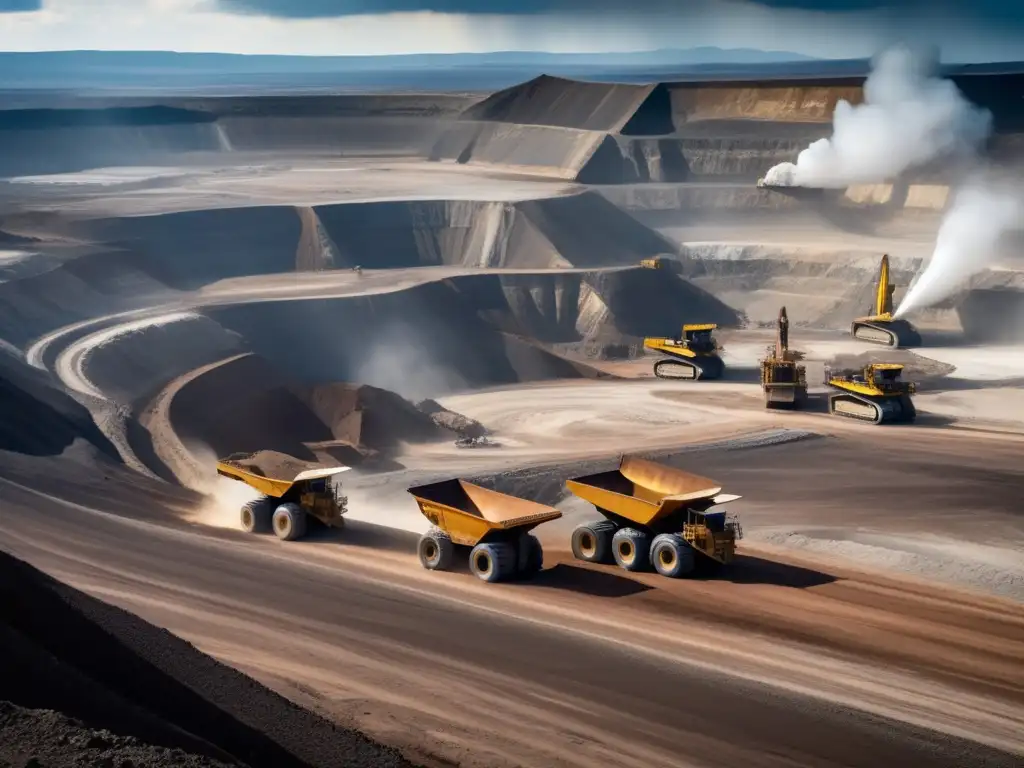 Minería sostenible: Impresionante imagen de una gran mina a cielo abierto, con camiones y excavadoras gigantes en acción