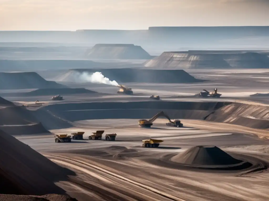 Impacto ambiental minería a gran escala: paisaje minero, maquinaria masiva, comunidad y responsabilidad minera