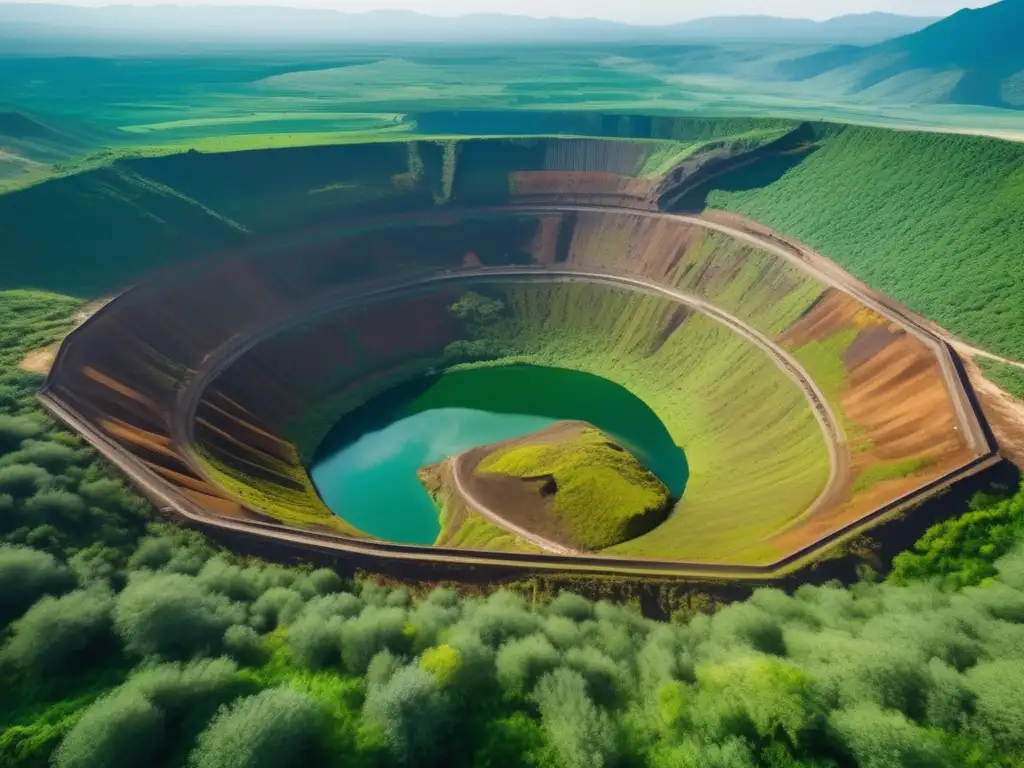 Vista aérea de una mina abandonada rodeada de vegetación exuberante y montañas distantes