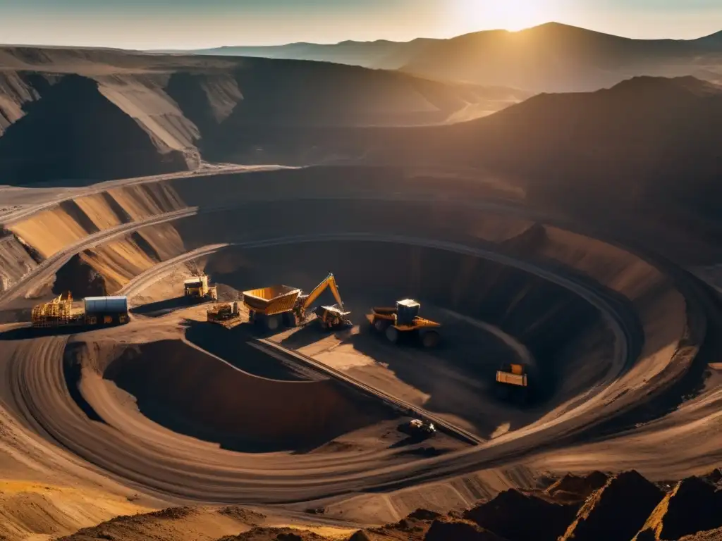 Beneficios de la tecnología GPS en la minería: Mina a cielo abierto rodeada de maquinaria pesada y trabajadores operando dispositivos GPS avanzados