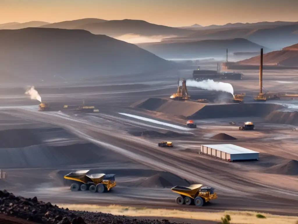 Impacto de la minería en derechos humanos: mina al atardecer, maquinaria pesada, paisaje impresionante