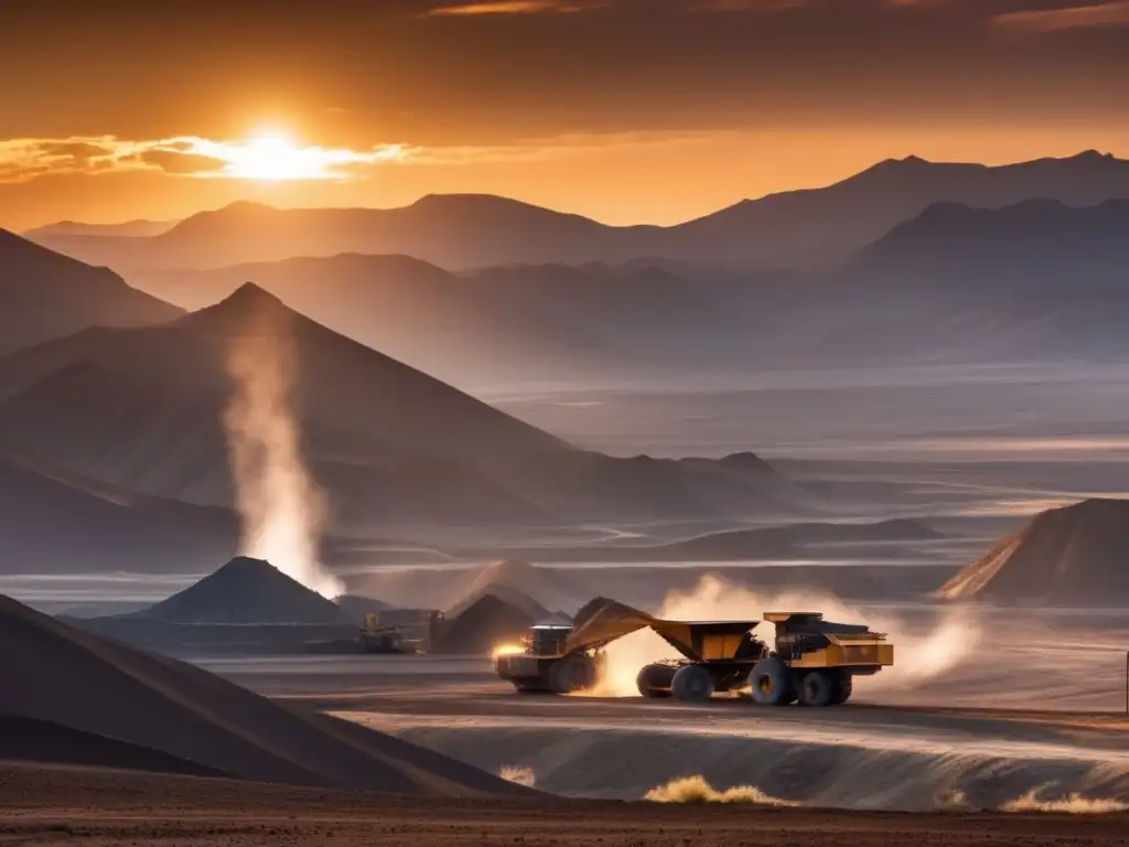 Importancia minerales raros sostenibilidad ambiental, paisaje minero al atardecer, maquinaria gigante y montañas nevadas