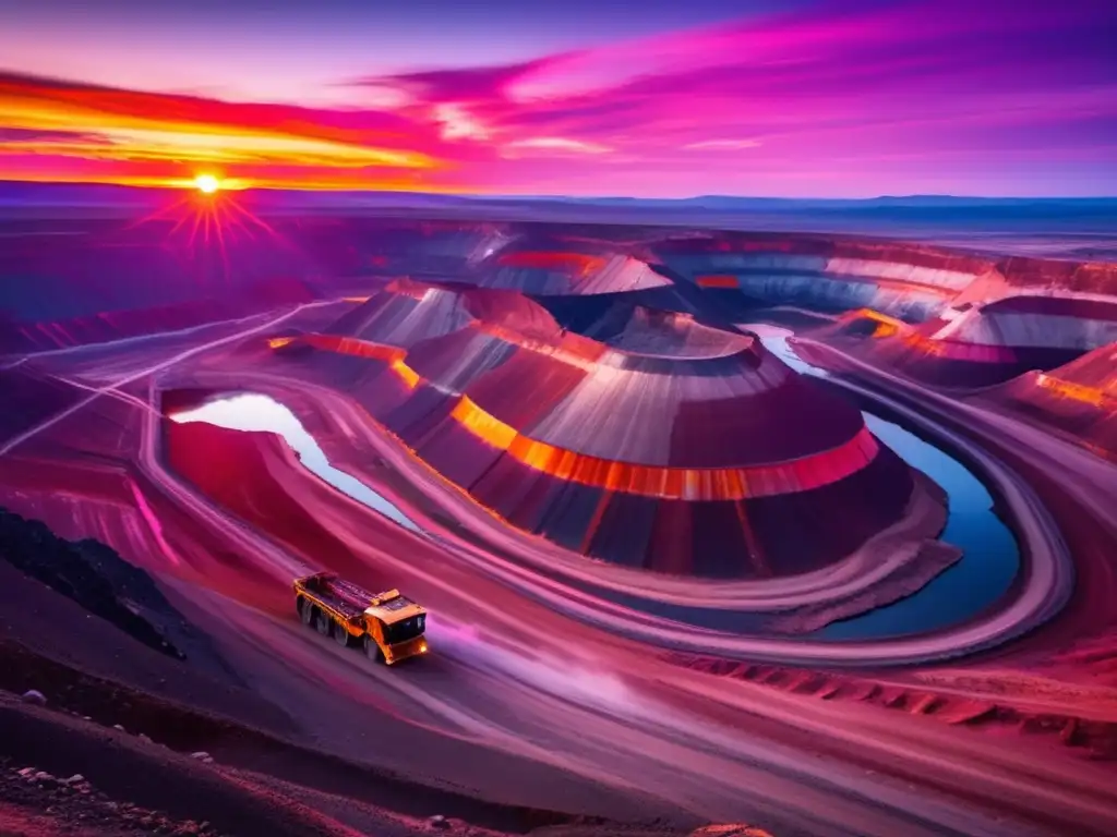 Digitalización en la gestión minera: Imagen impresionante de una mina a cielo abierto al atardecer, con camiones y trabajadores