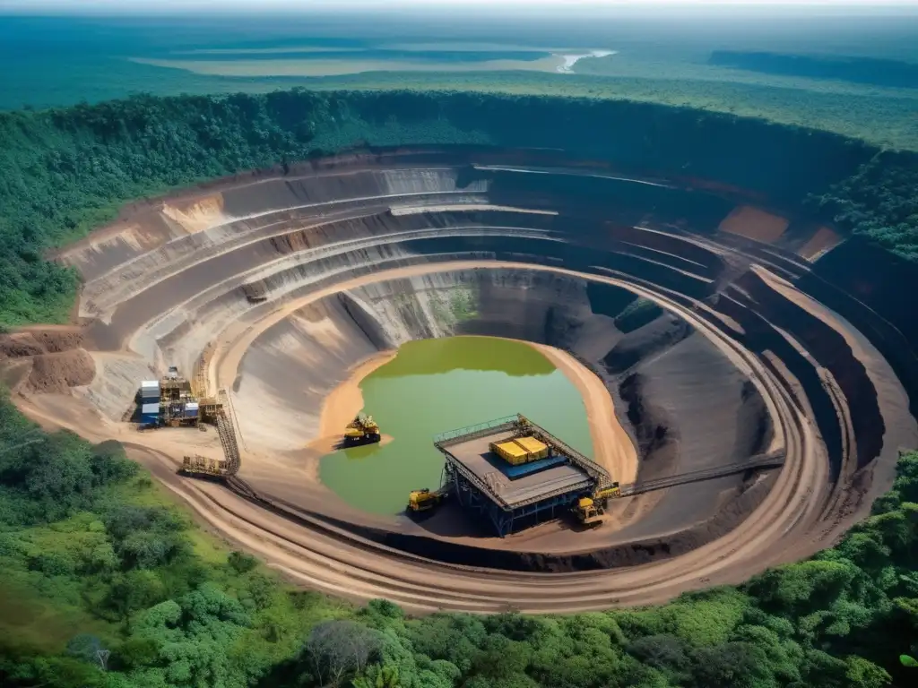 Técnicas sostenibles de minería en América - Mina abierta en la selva amazónica, contraste entre belleza natural y impacto ambiental