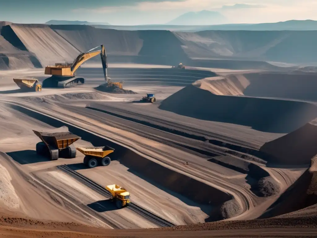 Secretos mineros América: mina abierta, maquinaria masiva, impacto ambiental, paisaje montañoso, atardecer vibrante