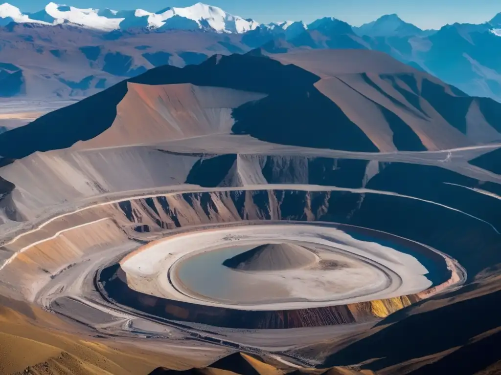 Leyes de transparencia en minería América: Imagen detallada de una mina a cielo abierto en los Andes, con enormes camiones y excavadoras en acción