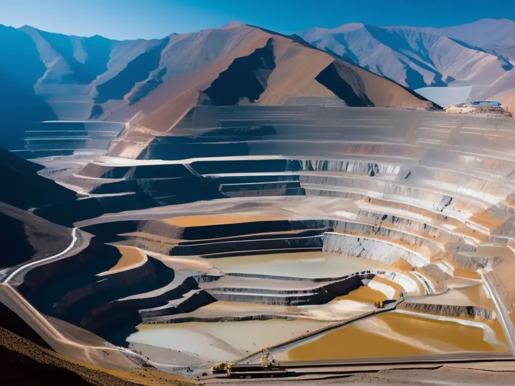 Historia de la minería en América: Impresionante imagen de una mina a cielo abierto en los Andes, con maquinaria pesada y paisajes contrastantes