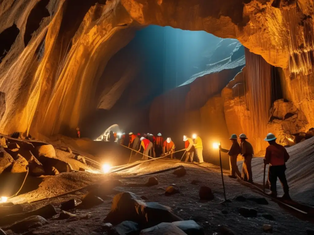 Impacto de la minería en recursos naturales: mineros trabajando en mina subterránea antigua, extrayendo minerales preciosos